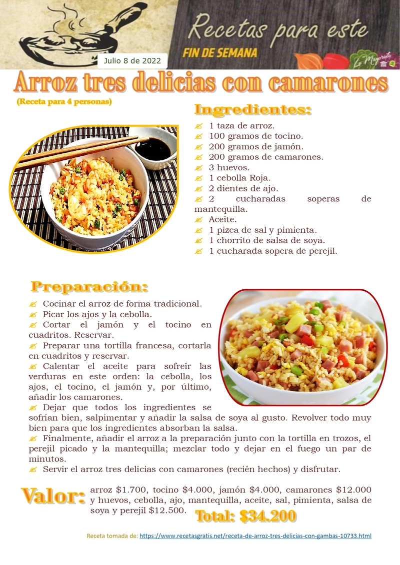 Arroz tres delicias con camarones 